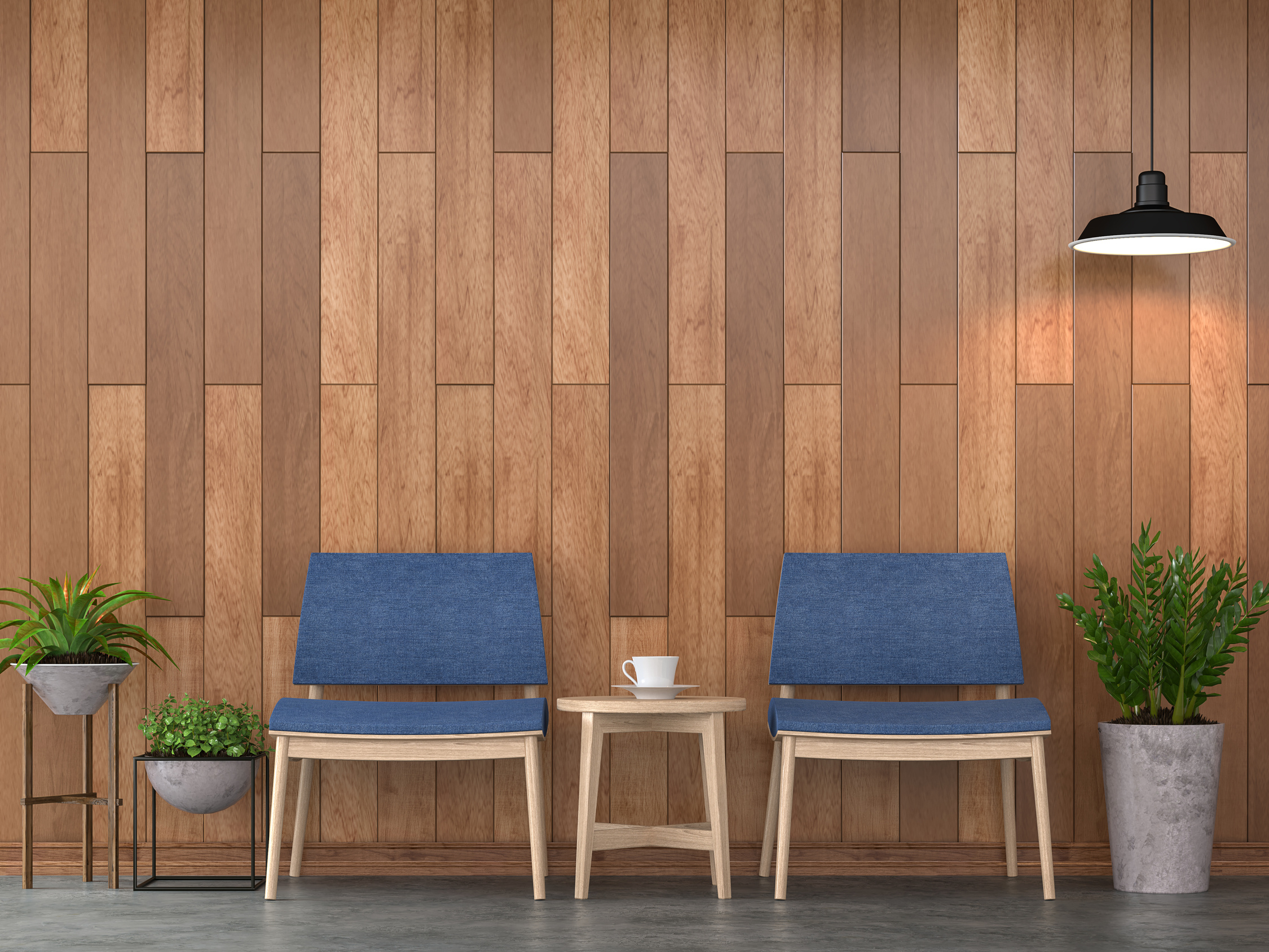 Contemporary Living Room with Wooden Wall